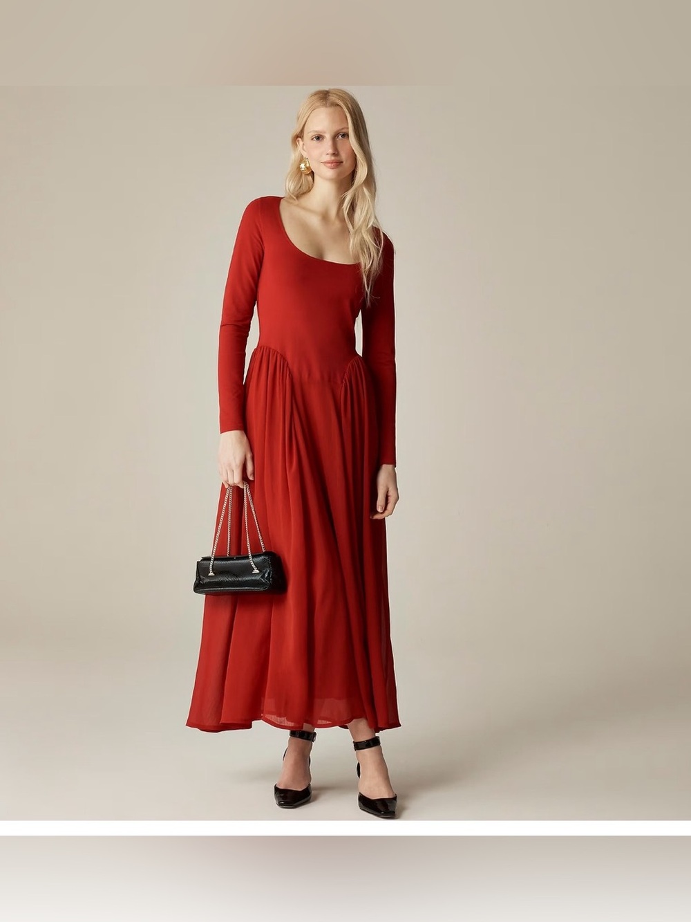 J. Crew Ballet Dress With Chiffon Skirt Small Red Long Sleeve Scoop Neck Maxi NE